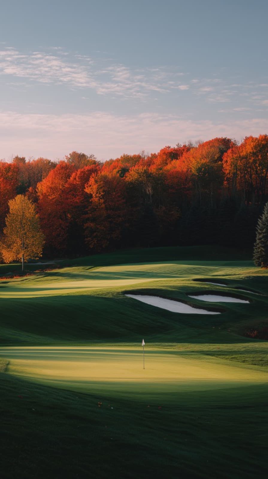 Golfers walking a fairway in soft morning light