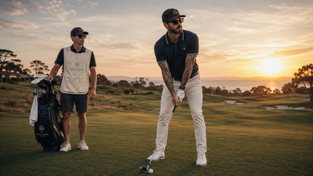 Golfer and caddie on a course at sunset